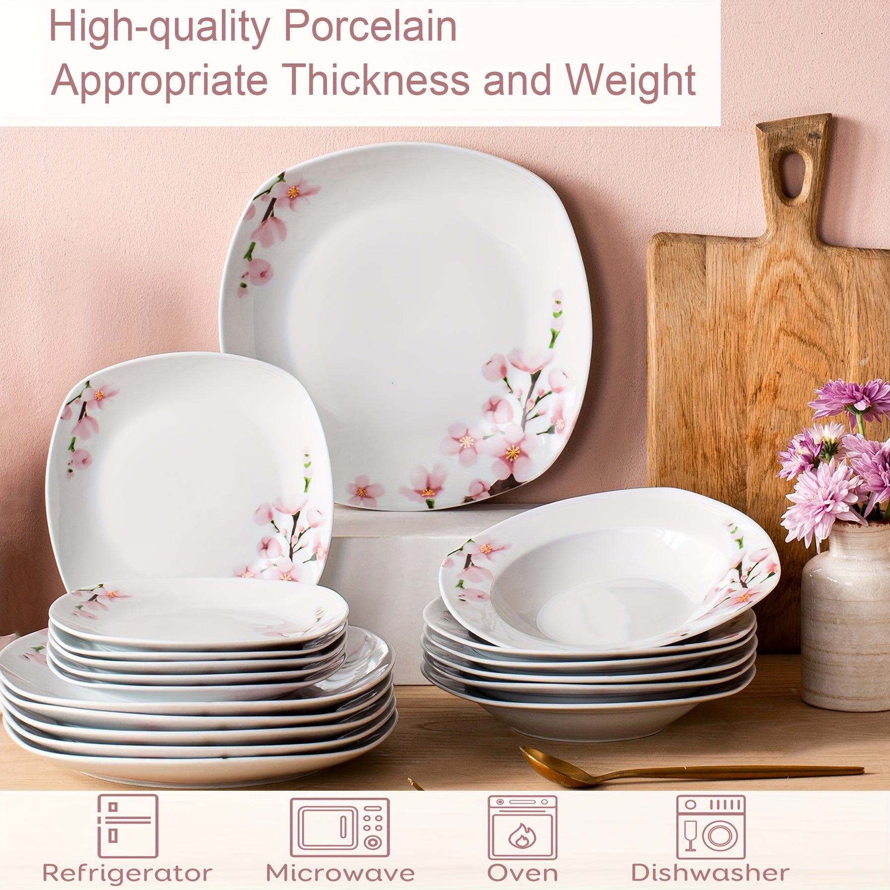 18pcs Dinner Set Service for 6, Porcelain Plates Set, Ink And Line Patterns Dining Set, Ivory White Round Dishes Set Plate Set Including 6 X 7.5" Dessert Plate, 6 X 8.5" Soup Plate, 6 X 9.75" Dinner Plate