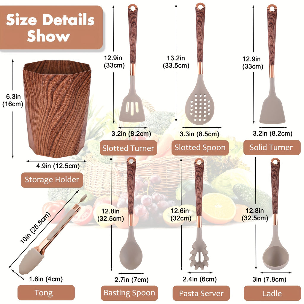 24pcs Silicone Cooking Utensils Set - Kitchen Utensils Set with Storage Box, Wood Pattern Handle Silicone Utensils for Cooking with Food Safety Turner, Pasta Server, Skimmer, Ladle, Spoon, Tong, Whisk