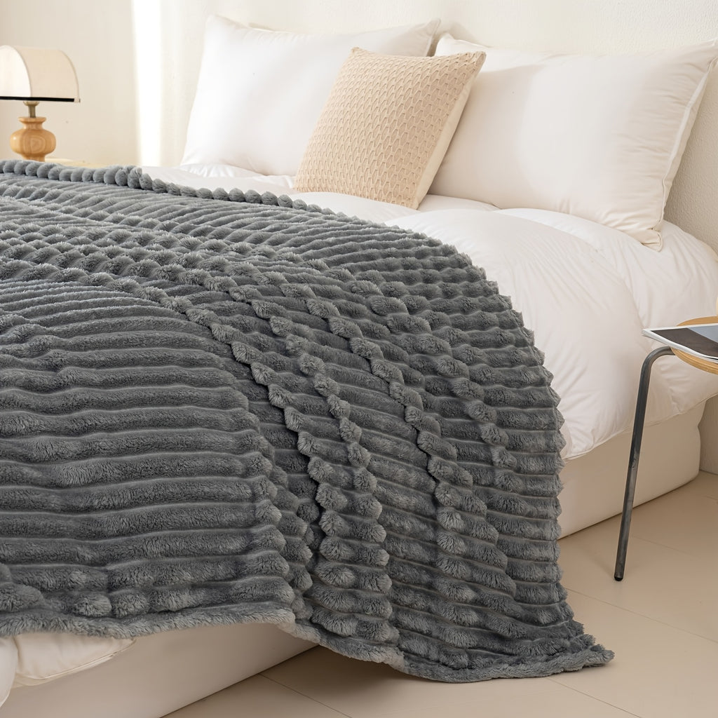 Versatile Cozy Home Textile Accent – comfortable everyday home styling, Luxurious Double-Sided Faux Rabbit Fur Throw Blanket - Cozy Striped Flannel Soft And Warm, designed for American homes, daily convenience and practical gifting