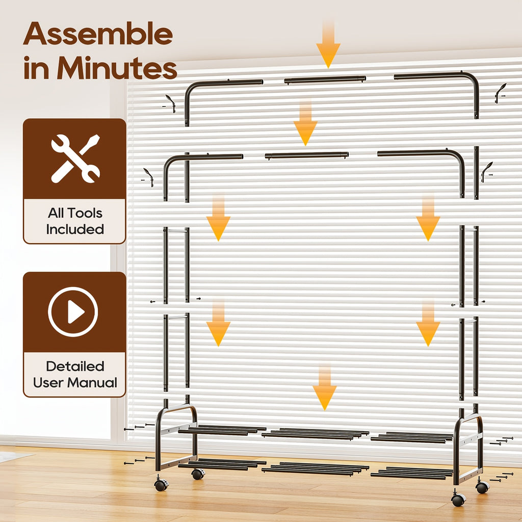 Heavy-Duty Adjustable Home Storage Rack – durable multi-purpose storage, Sturdy Metal Double Rodding Clothes Rack with Wheels Portable Clothing Rack with Shelves Hooks, designed for American homes, daily convenience and practical gifting