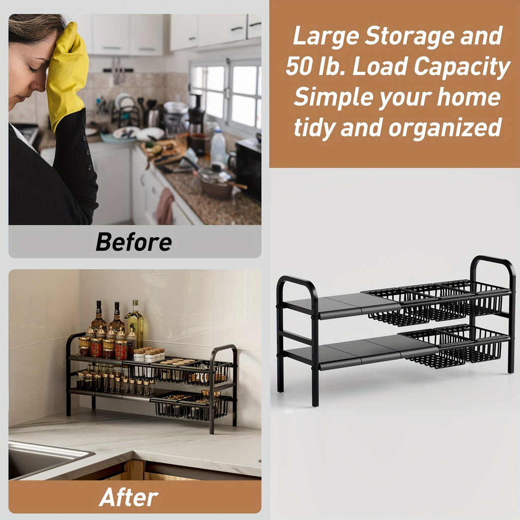 Kitchen Essential – 1 Expandable Under Sink Organizer & Locker 2 Tier Cabinet Shelf Organizer with 5 Removable Panels 5 Baskets for Under Kitchen Bathroom Sink Organizer & Storage.Thanksgivi