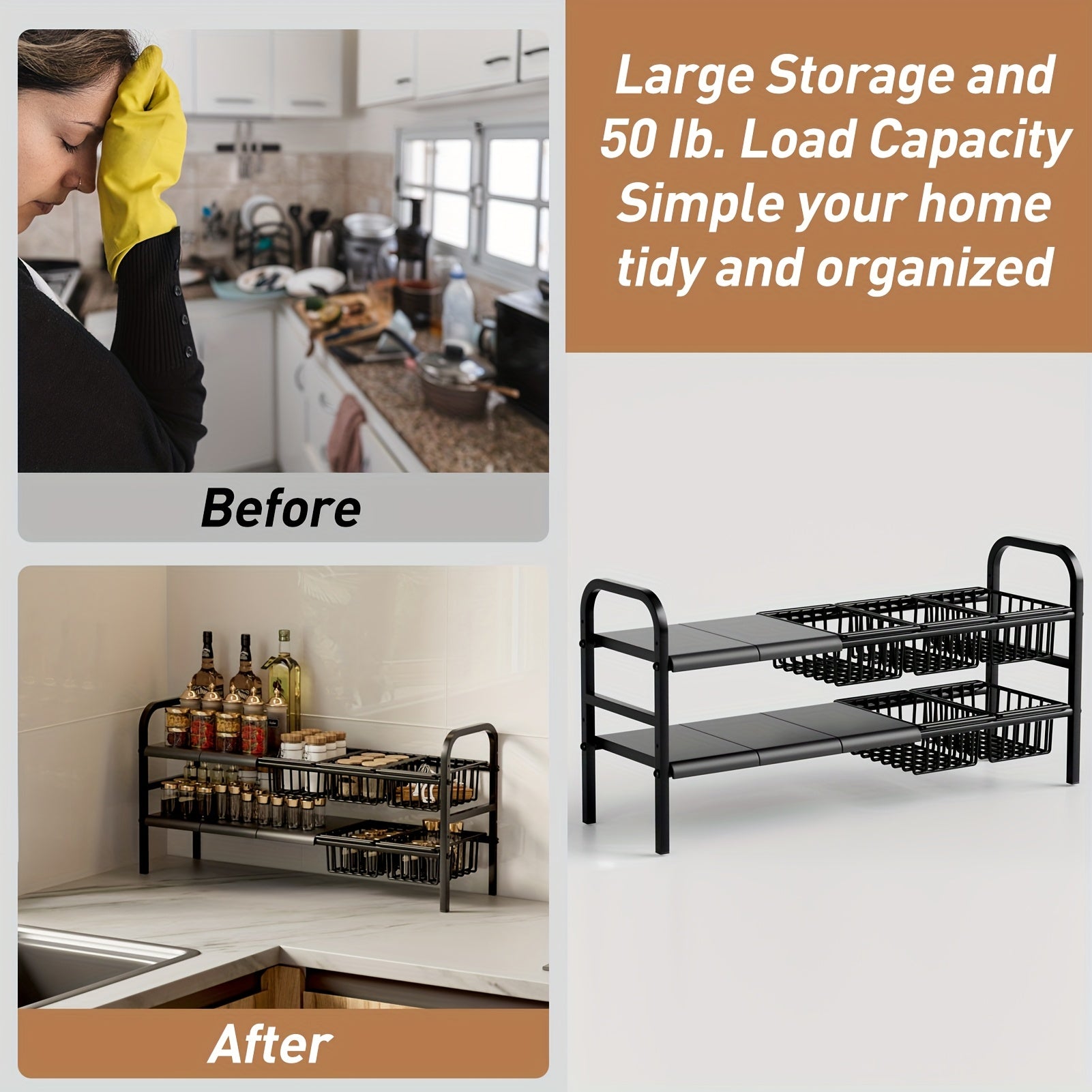 Kitchen Essential – 1 Expandable Under Sink Organizer & Locker 2 Tier Cabinet Shelf Organizer with 5 Removable Panels 5 Baskets for Under Kitchen Bathroom Sink Organizer & Storage.Thanksgivi