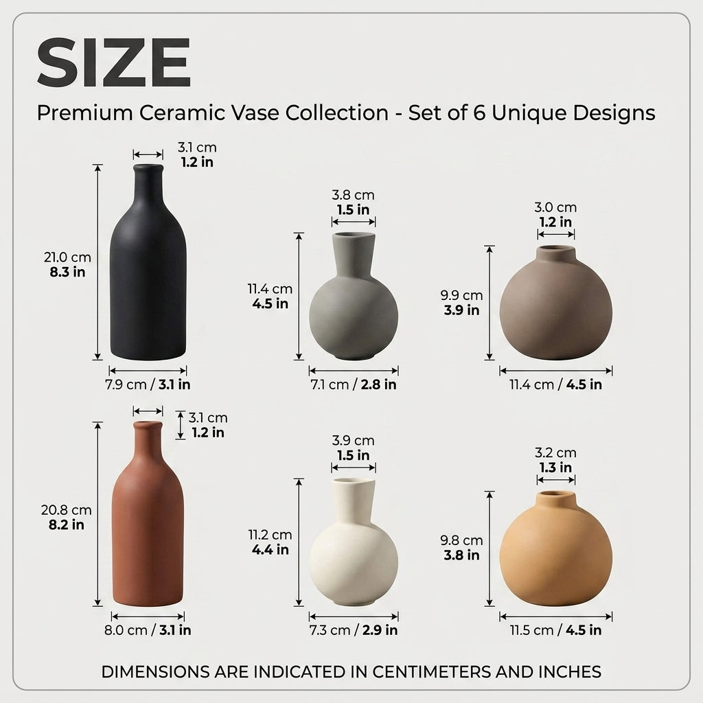 6pcs Minimalist Matte Ceramic Vase Set, Aesthetic Earth Tone Bud Vase Decor, Modern Boho Farmhouse Pottery for Shelf And Tabletop, Wabi-Sabi Decorative Bottles for Wedding And Home Accents