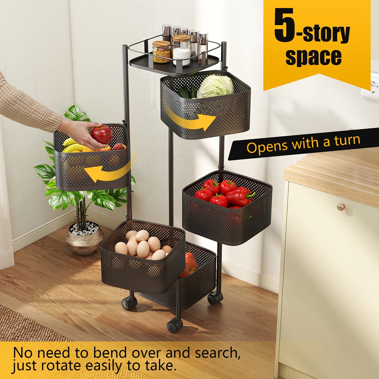 Modern 1pc Adjustable Home Storage Rack – durable multi-purpose storage, 1pc Heavy-Duty 5-Tier Rotating Mobile Storage Cart with Spinning Shelves Floor-Standing Base Suitable for, designed for American homes, daily convenience and practical gifting