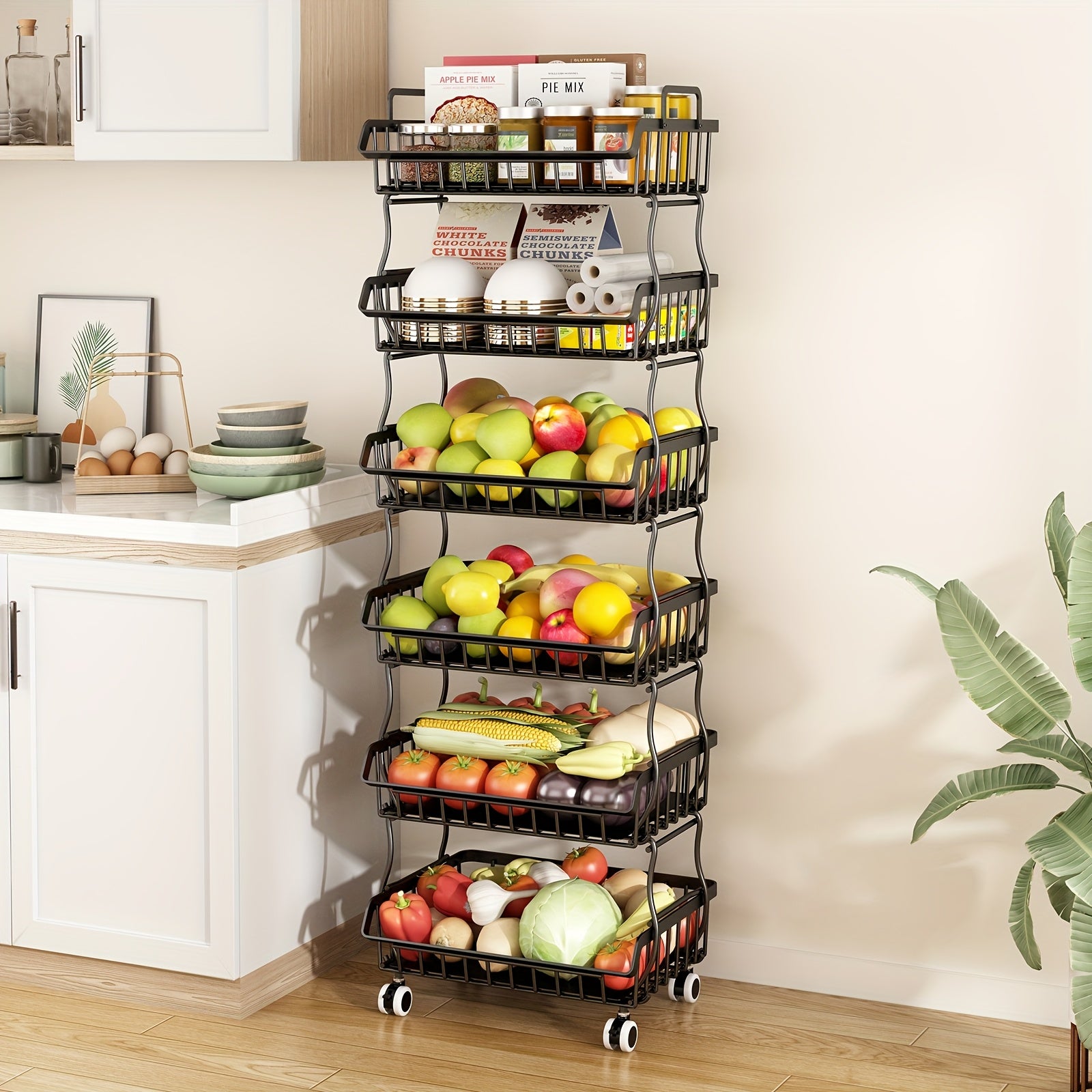 6-Tier Stackable Metal Wire Storage Basket Organizer with Wheels - Space-Saving Kitchen Pantry Organizer for Fruits, Vegetables, Utensils & Utensil Holders, Durable Rectangular Design, Pantry Organizers And Storage, Open Shelf Design, Visible Content Acce