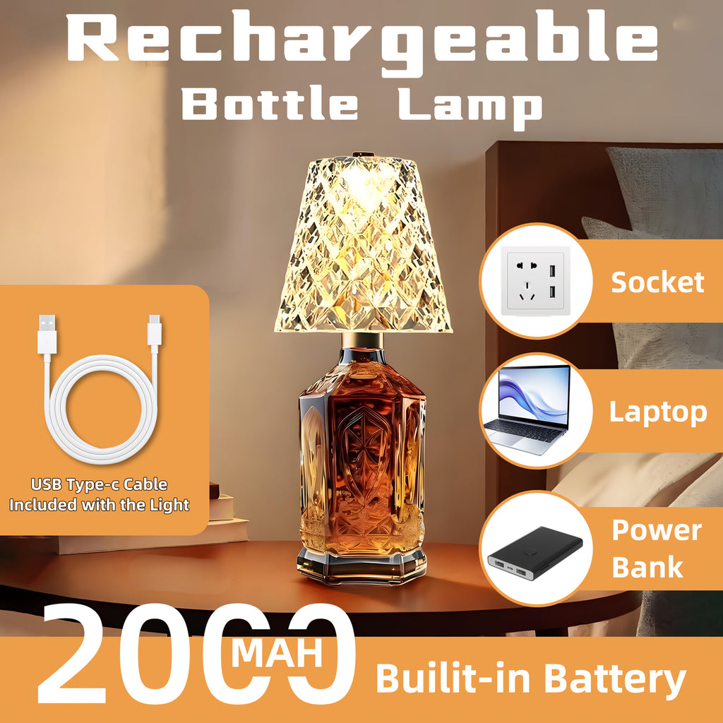 Ambient Home Decor – Crystal Clear Bottle Light, Table Lamp, Rechargeable LED Wine Lamp, Acrylic Lampshade, 2000Mah, 3 Colors, Bottle Lamp for Modern US Homes, relaxing room atmosphere, Vers