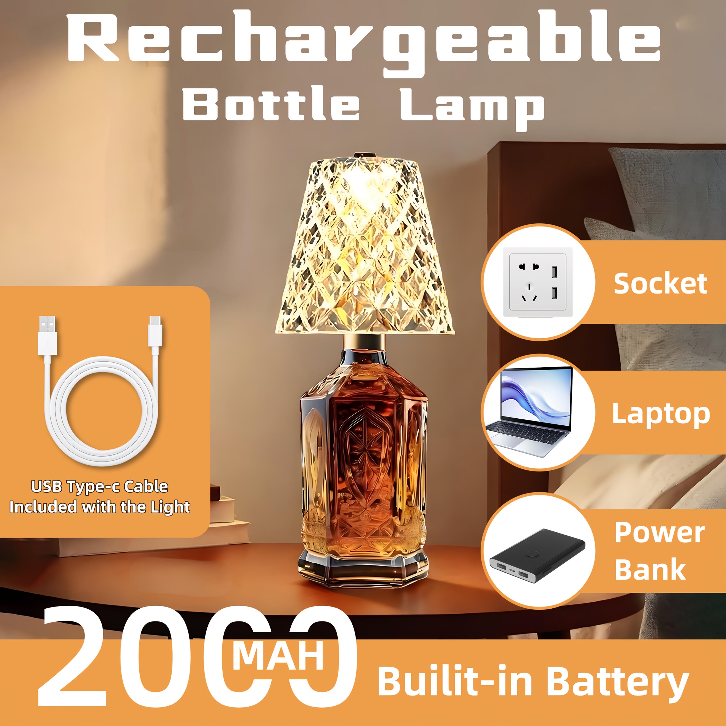 Ambient Home Decor – Crystal Clear Bottle Light, Table Lamp, Rechargeable LED Wine Lamp, Acrylic Lampshade, 2000Mah, 3 Colors, Bottle Lamp for Modern US Homes, relaxing room atmosphere, Vers