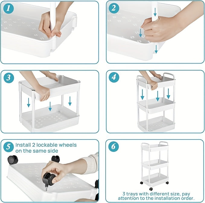 3/4/5-Tier Plastic Rolling Utility Cart with Handle, Multi-Functional Storage Trolley for Office, Living Room, Kitchen, Movable Storage Organizer with Wheels, White