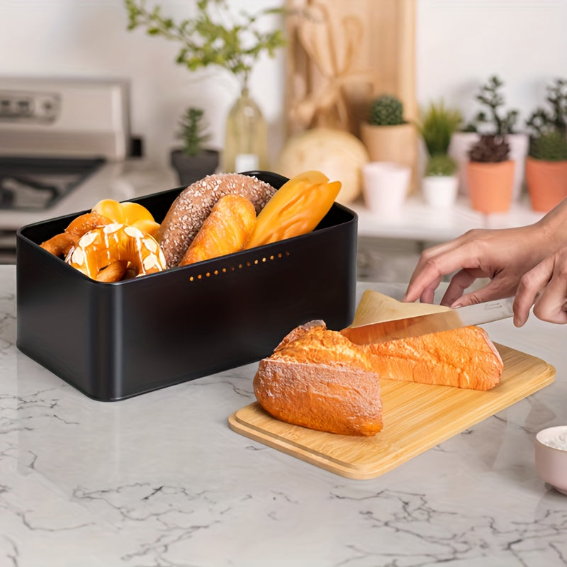 1pc modern design metal bread box white, breathable holes to keep bread soft, with natural bamboo cover cutting board, suitable for kitchen bread sorting, keeping bread fresh, hand washable and reusable square baking storage container, Kitchen