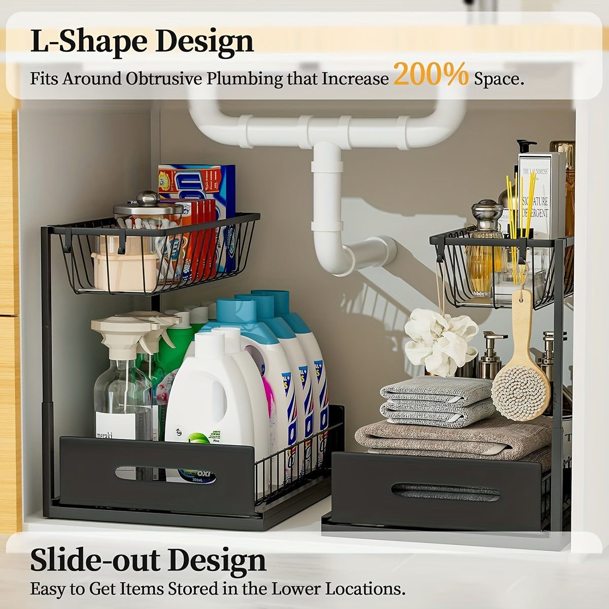 Kitchen Essential – Under Sink Organizers, Metal Pull Out Under Sink Organizers And Storage Shelves with Sliding Drawer, Under Sink Storage for Kitchen, Bathroom (1pack/2pack) for Modern US