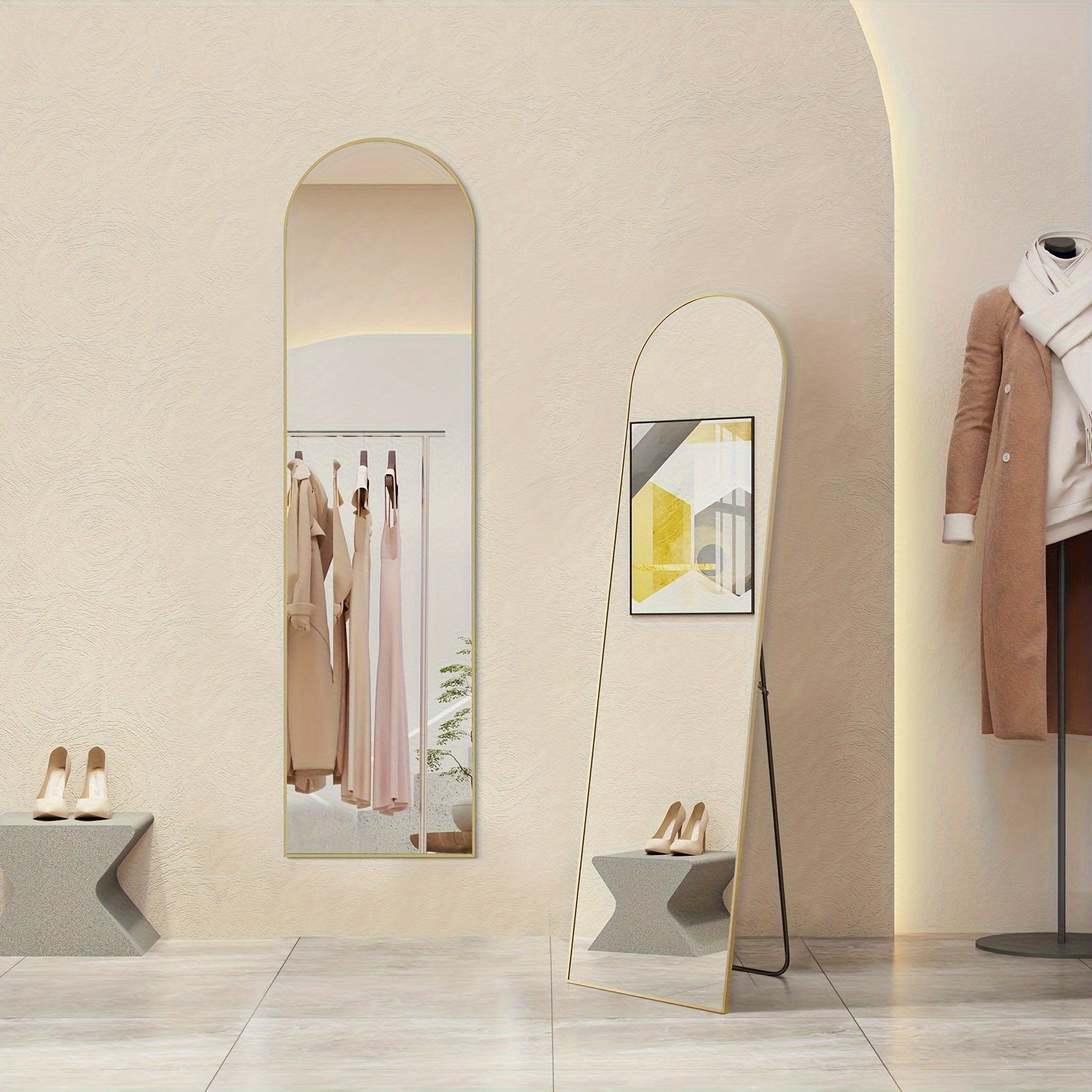 Arched/Rect Full Length Mirror, Full Body Mirror with Stand, Freestanding, Hanging or Leaning for Wall, Steel Alloy Thin Frame Floor Standing for Hotels and Bathrooms