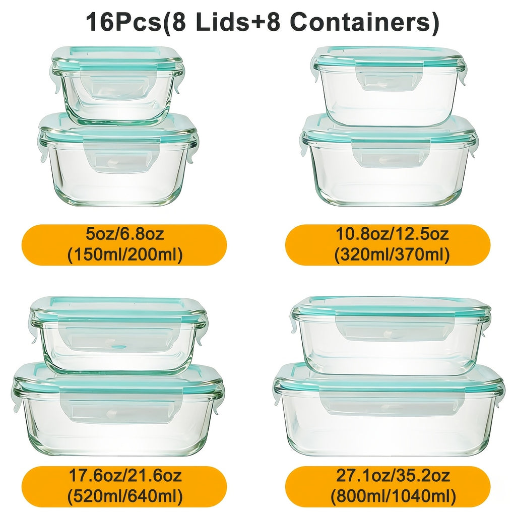 Heavy-Duty 16pcs Glass Meal Prep Container Set – leak-resistant reusable meal prep, 16pcs 8 Lids And 8 Containers Sealed Glass Food Storage Containers Lunch Boxes Microwave, designed for American homes, daily convenience and practical gifting