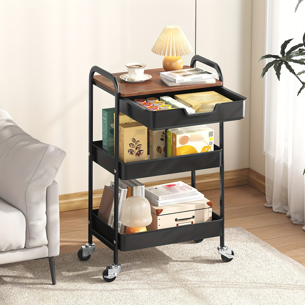 3-Tier Metal Utility Rolling Cart Featuring a Drawer And Table Top, a White Storage Trolley for Kitchen Organization, Suitable for Office, Classroom, Home, And Bedroom with Lockable Wheels