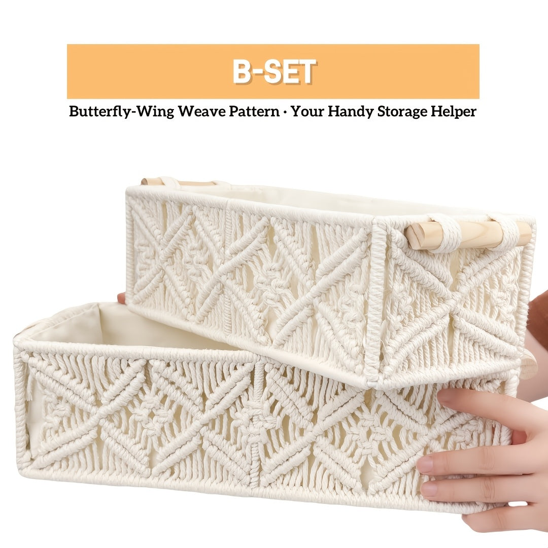 Storage Bins – 2pcs Bohemian Handmade Macrame Storage Basket Set with Handles Multipurpose