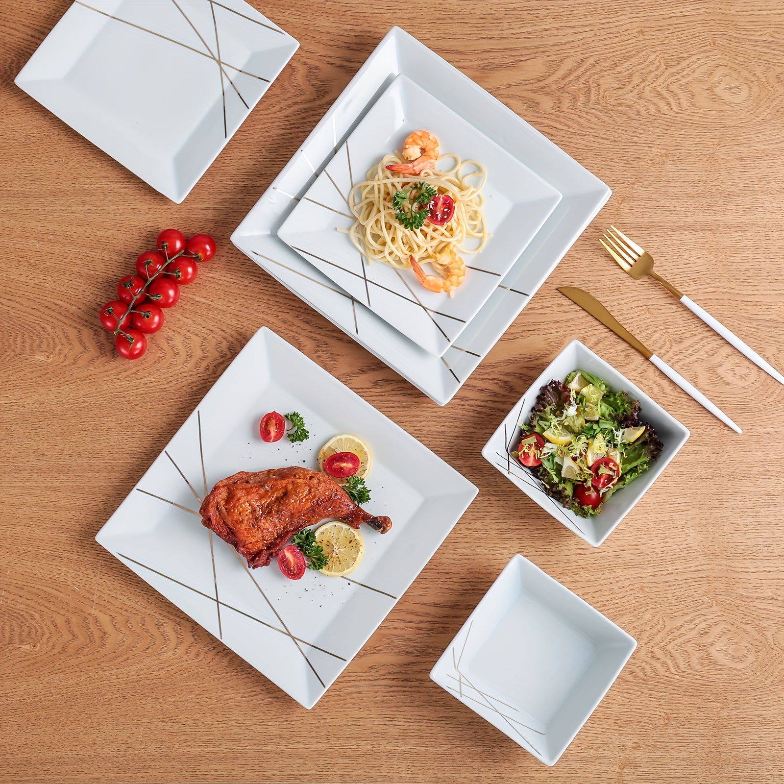 12pcs Ceramic Tableware Set, Modern Light Luxury Golden Line Tableware Plate, 10-Inch And 7.6-Inch White Black Steak Plate, Pasta Plate, Dessert Plate, Salad Bowl, Soup Bowl, Complete Tableware, Suitable for Home And Restaurant, Housewarming Gifts