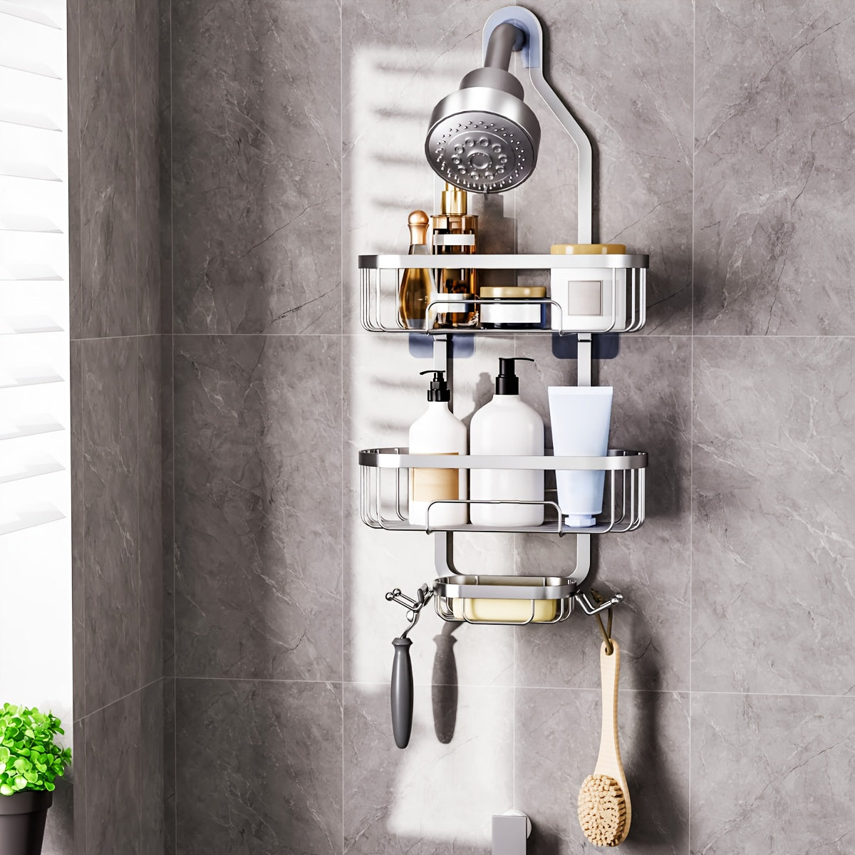 Compact Adjustable Home Storage Rack – durable multi-purpose storage, Over-The-Head Shower Organizer with Hooks Shower Caddy Hanging Bathroom Organizer Rustproof Shower Shelf for, designed for American homes, daily convenience and practical gifting