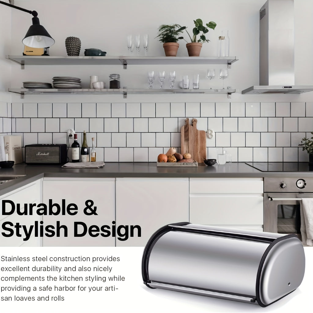 Modern Stainless Steel Bread Box – fresh-bread countertop organization, 13-Inch Stainless Steel Roll-Top Bread Box Countertop Bread Storage Container with Stainless Steel Lid, designed for American homes, daily convenience and practical gifting