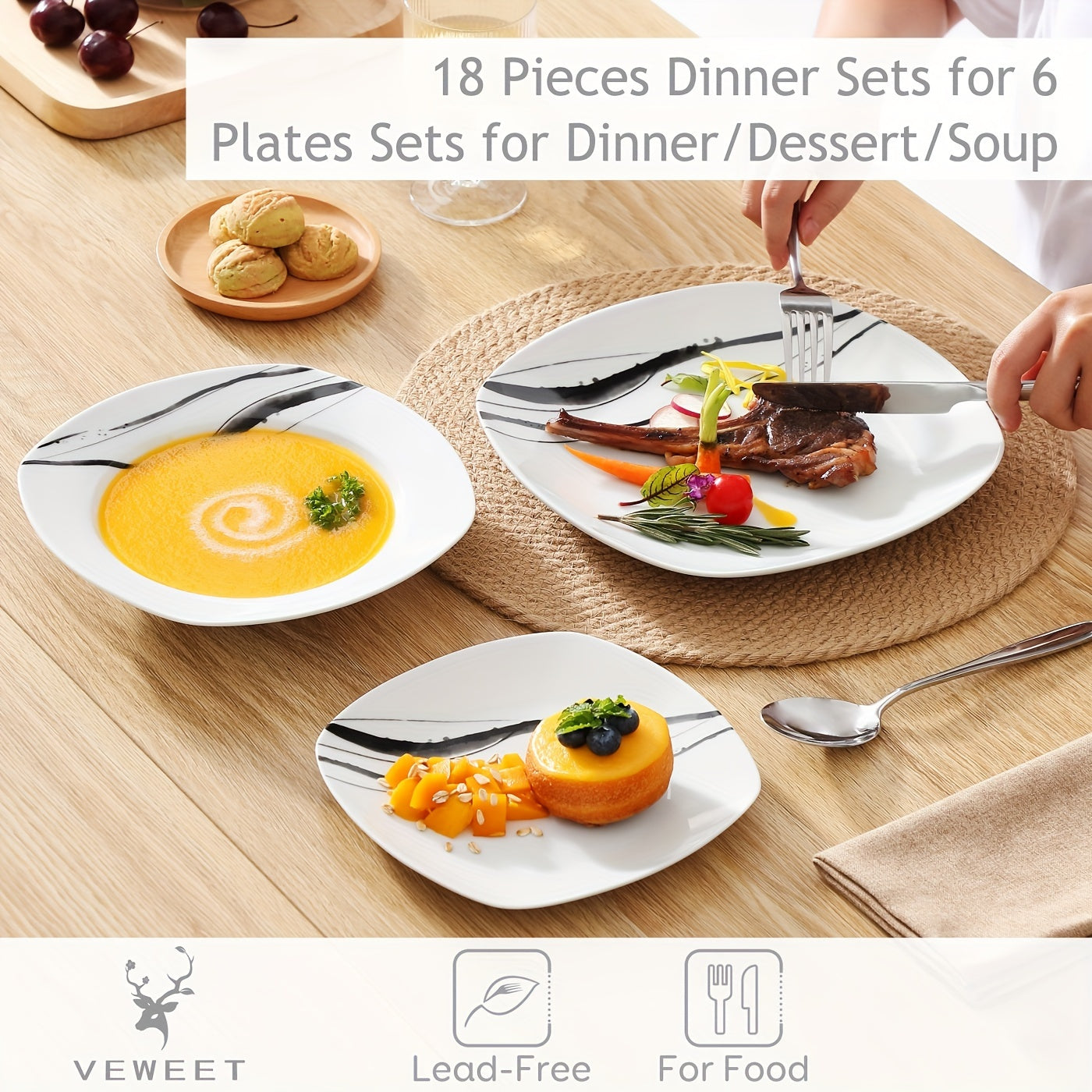 18pcs Dinner Set Service for 6, Porcelain Plates Set, Ink And Line Patterns Dining Set, Ivory White Round Dishes Set Plate Set Including 6 X 7.5" Dessert Plate, 6 X 8.5" Soup Plate, 6 X 9.75" Dinner Plate