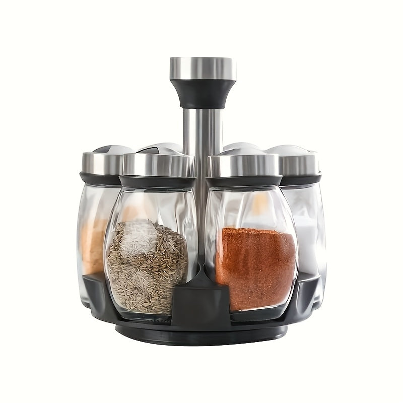 A Set Of 6/12 Glass Spice Jars with A Rotating Base, Featuring A 360° Rotating Design for Space-saving Kitchen Storage. Transparent Glass Jars Provide Visual Organization And Easy Access, While The Stainless Steel Lids Seal to Keep The Seasoning Neat