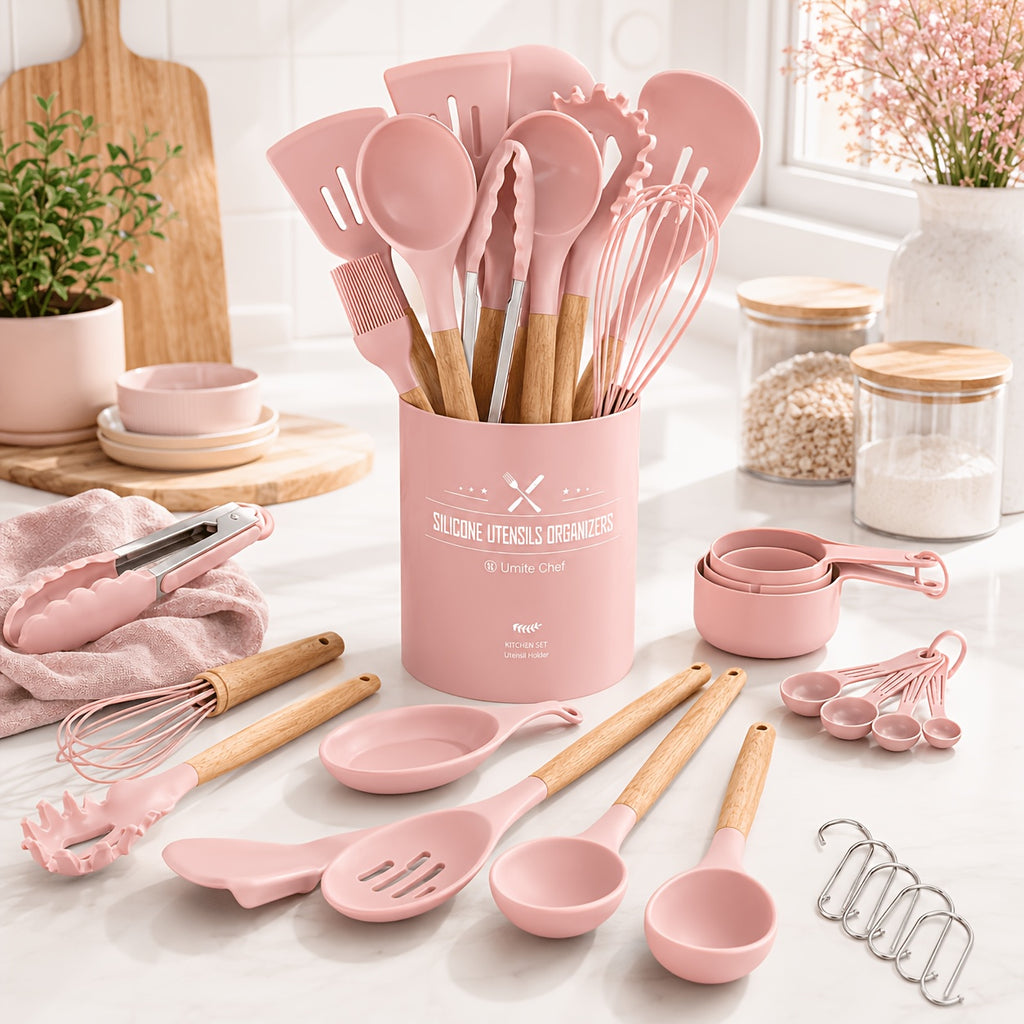 Kitchen Essential – [33pcs Silicone Kitchen Utensil Set With Holder] Heat Resistant Non-Stick Cooking Tools, Kitchen Accessories Set, Include Whisk Tong Spatula, Dishwasher Safe Cookware For