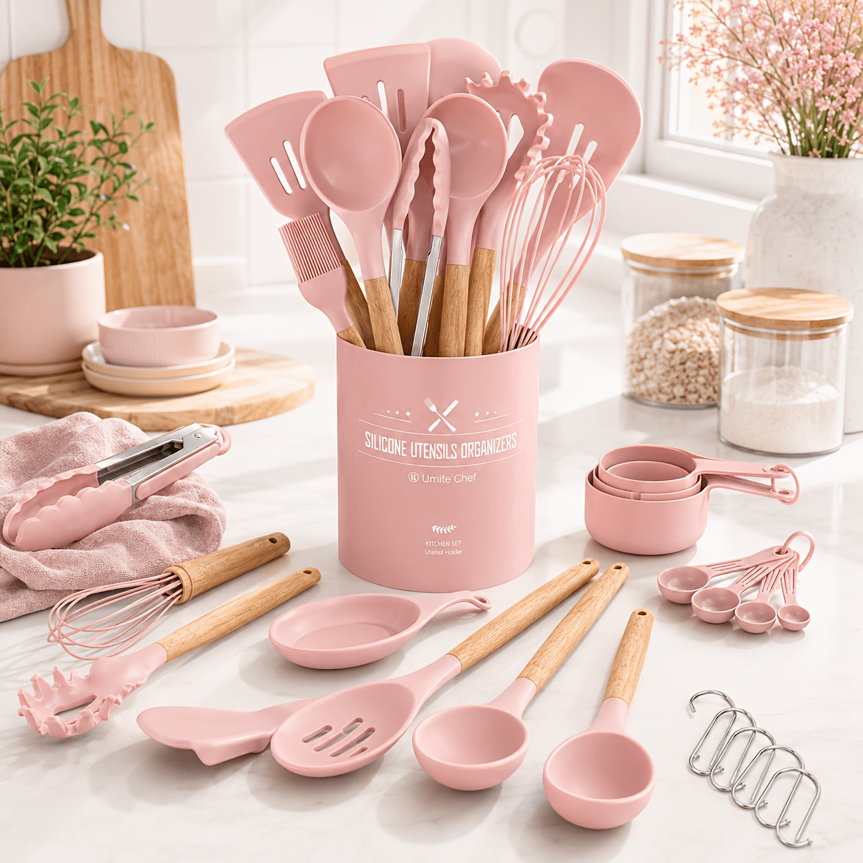 Kitchen Essential – [33pcs Silicone Kitchen Utensil Set With Holder] Heat Resistant Non-Stick Cooking Tools, Kitchen Accessories Set, Include Whisk Tong Spatula, Dishwasher Safe Cookware For