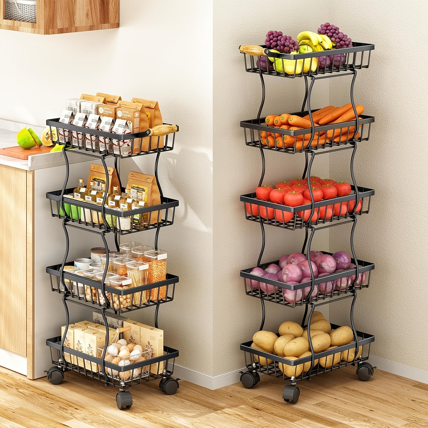4/5 Layer Fruit And Vegetable Basket, Stackable Metal Storage Cart (with Wheels), Rotating Storage Rack, Narrow Gap Cart, Corner Rack, Open Shelf | Suitable For Kitchen, Pantry, Bathroom, Floor Standing Food Storage Machine