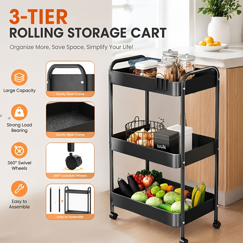Premium Adjustable Home Storage Rack – durable multi-purpose storage, Triple-tier Carbon Steel Multi-functional Rolling Storage Cart Versatile Shelving Unit Snack Rack with Portable, designed for American homes, daily convenience and practical giftin