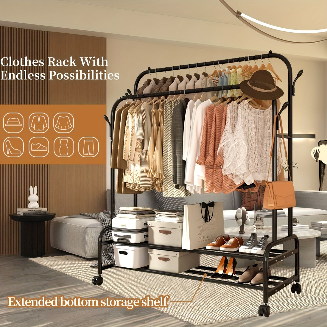 Heavy-Duty Adjustable Home Storage Rack – durable multi-purpose storage, Sturdy Metal Double Rodding Clothes Rack with Wheels Portable Clothing Rack with Shelves Hooks, designed for American homes, daily convenience and practical gifting