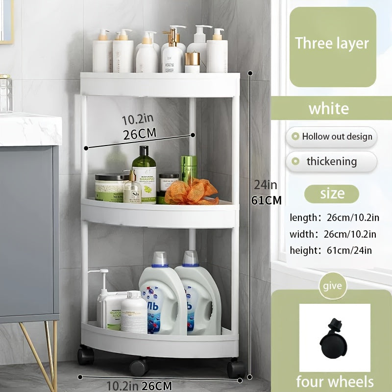 Rotating Wheel Bathroom Corner Shelf, Fan-Shaped Three-Layer Storage Rack, Space-Saving 90 ° Corner Design, Thickened And Elevated, Hollow Drainage, Plastic Material, Suitable for Bathroom, Kitchen, Bedroom, Living Room, Utility Racks