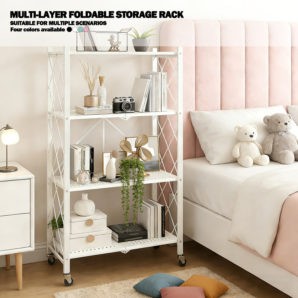 Compact Adjustable Home Storage Rack – durable multi-purpose storage, 5 4 3-Tier Heavy-Duty Folding Storage Rack With Wheels - Portable Multi-Layer Floor-standing Shelf, designed for American homes, daily convenience and practical gifting