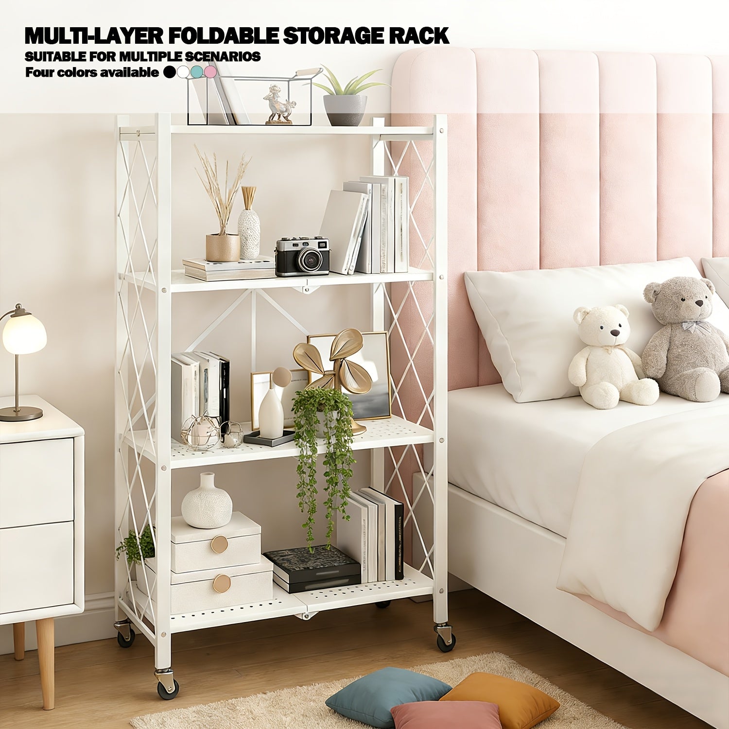 Compact Adjustable Home Storage Rack – durable multi-purpose storage, 5 4 3-Tier Heavy-Duty Folding Storage Rack With Wheels - Portable Multi-Layer Floor-standing Shelf, designed for American homes, daily convenience and practical gifting