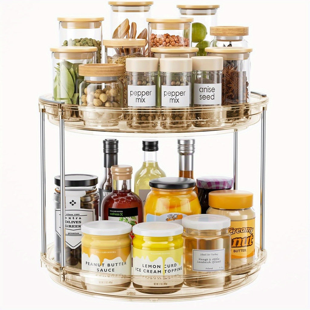 Kitchen Essential – A 2-Tier Rotating Multifunctional Countertop Turntable Designed for Storing Seasonings And Cosmetics, Featuring a 360-Degree Rotation And an Anti-Slip Base, Ideal for Use