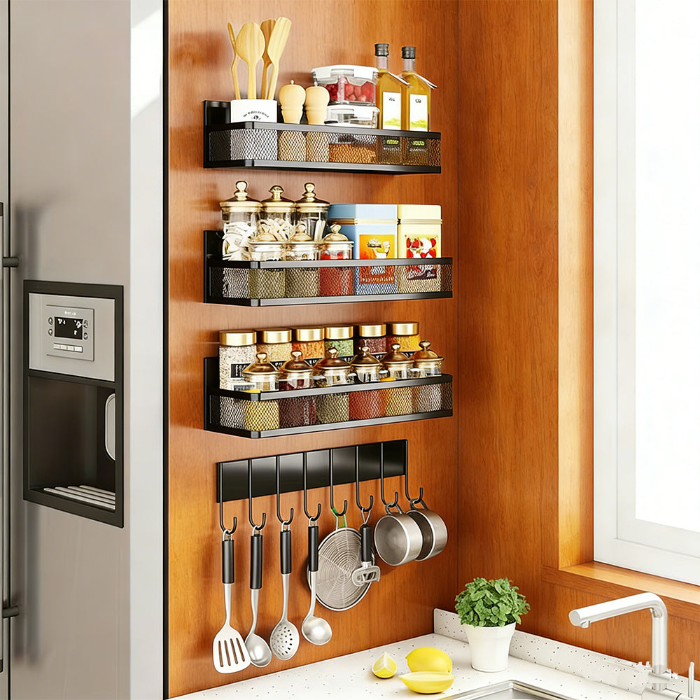 Refrigerator Magnetic Spice Rack, 3/5-Pack Magnetic Rack, Movable Refrigerator Storage Box, Spice Storage Box with 8 Hooks for Kitchen Use