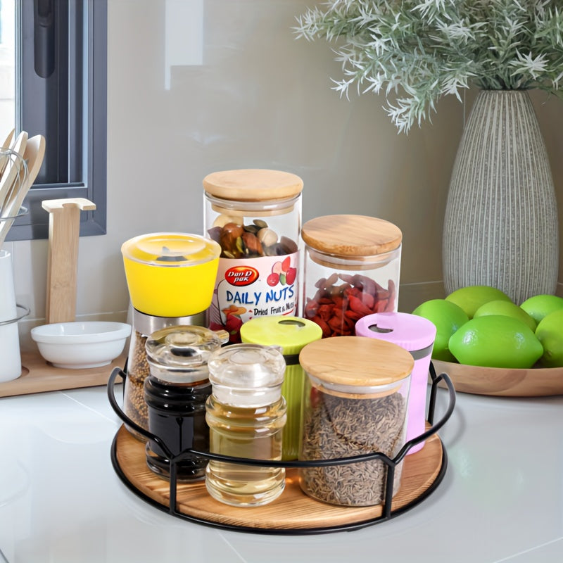 Kitchen Essential – 360° Rotating Solid Wood Turntable Organizer with Sturdy Steel Handles - Space-Saving Storage Tray for Kitchen, Pantry, Cabinet, Vanity & Fridge - Multi-Purpose Spice Rac