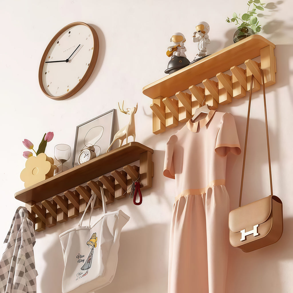 Versatile 1pc Adjustable Home Storage Rack – durable multi-purpose storage, 1pc Natural Wood Wall-Mounted Coat Rack with 10 Hooks - Piano-Shaped Accordion Design Walnut, designed for American homes, daily convenience and practical gifting