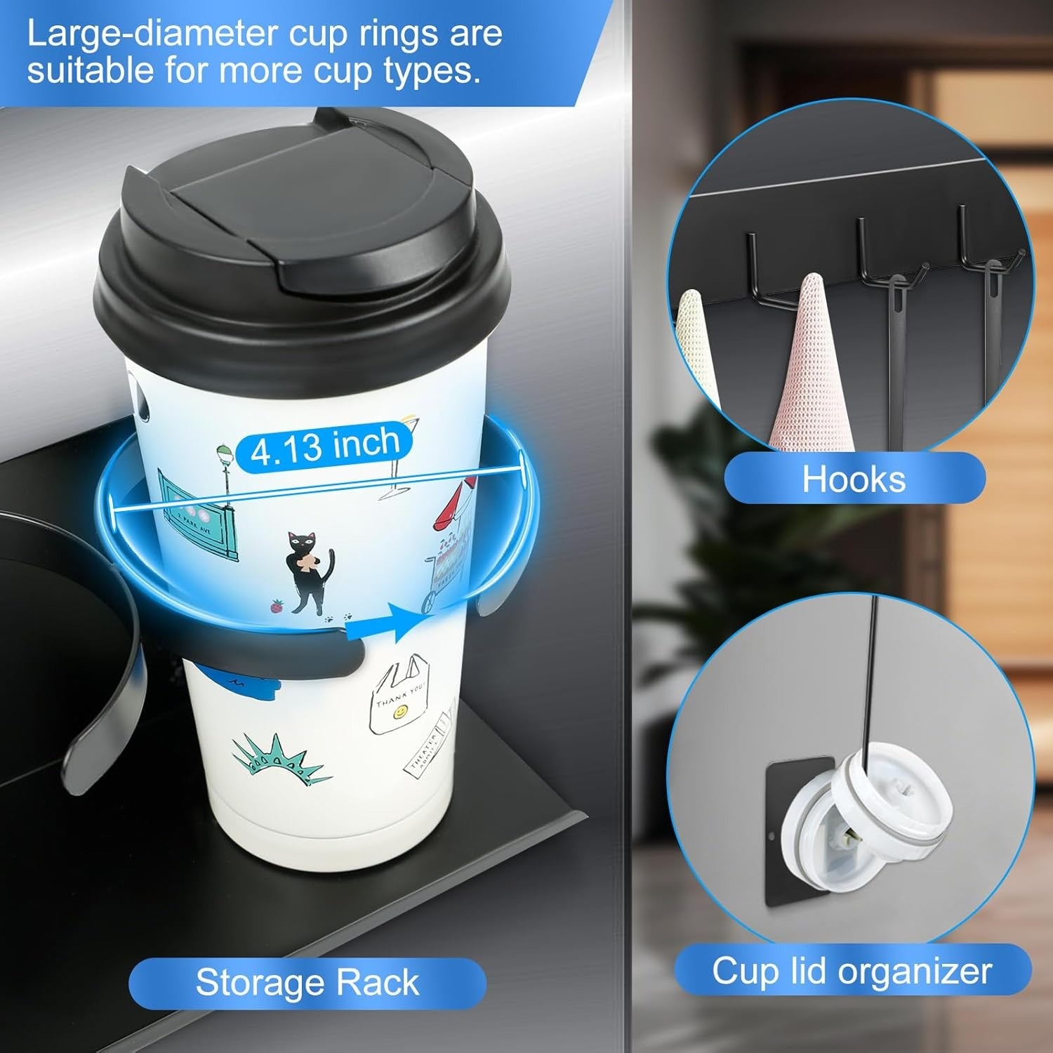 Kitchen Essential – 4-Pack Magnetic Cup Holder for Refrigerator, Magnetic Tumbler Lid Organizer for 20Oz 30Oz 40Oz Cups, Water Bottle Holder Rack with 7 Hooks for Kitchen Fridge Cabinets (Bl