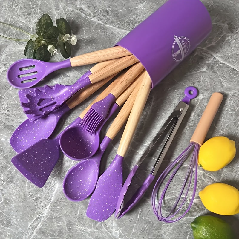 12pcs Silicone Cooking Kitchen Utensils Set with Wooden Handle, Silicone Flip Flop Tongs Spatula Spoon Kitchen Utensils Set for Non-Stick Cookware, Wooden Handle Silicone Kitchen Gadget Utensils Set, Meets Your Cooking Needs