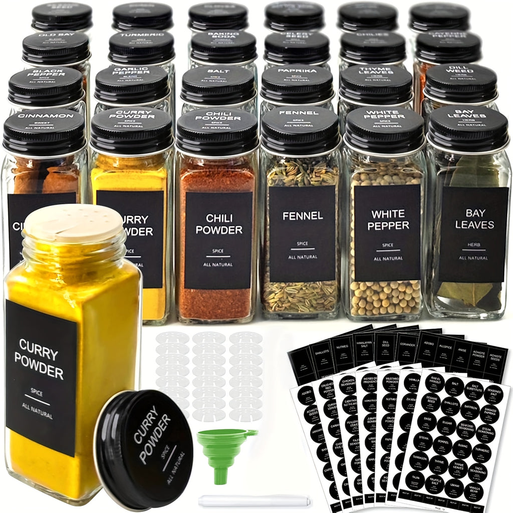 Easy-Access 24pcs Glass Spice Jar Set – clear reusable pantry storage, 24pcs Glass Spice Jars with Labels Square Empty Spice Containers Condiment Squeeze Bottles Seasoning, designed for American homes, daily convenience and practical gifting