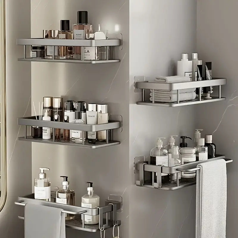 1/2/3pcs Metal Punch-free Bathroom Rack, Thickened, Easy to Install, Multi-piece Bathroom Rack, Punch-free Wall-mounted Storage Rack, Large-capacity Wall-mounted Black And Silvery Multi-function Storage Rack Suitable for Toilets And Bathrooms