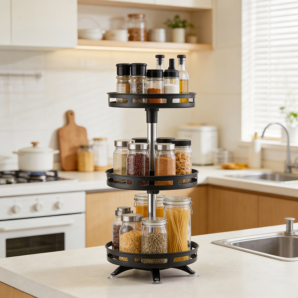 Modern Glass Spice Jar Set – clear reusable pantry storage, 3-Tier Rotating Kitchen Spice Rack Metal Turntable Rotating Spice And Seasoning Storage Rack Kitchen, designed for American homes, daily convenience and practical gifting