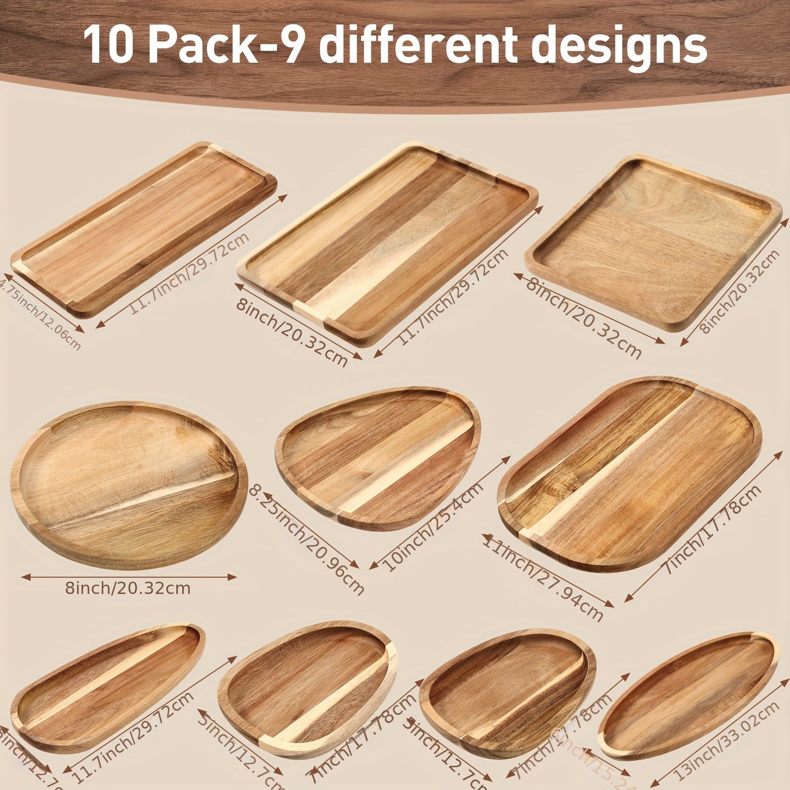 10pcs Acacia Wooden Plates Different Shapes Wooden Serving Platter Wooden Dishes for Snacks, Desserts, Fruit, Salads Decorative Wooden Charger Plates Trays Serving Board Housewarming Gift