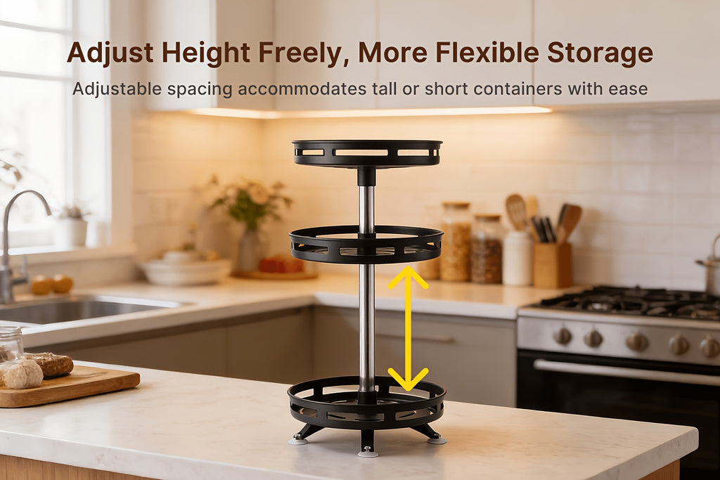 3-story Rotatable Kitchen Seasoning Rack, 360-degree Rotating Metal Turntable, Adjustable Shelves, Rotatable Spice And Seasoning Storage Rack, Kitchen Spice Jar Organizer, Kitchen Accessories