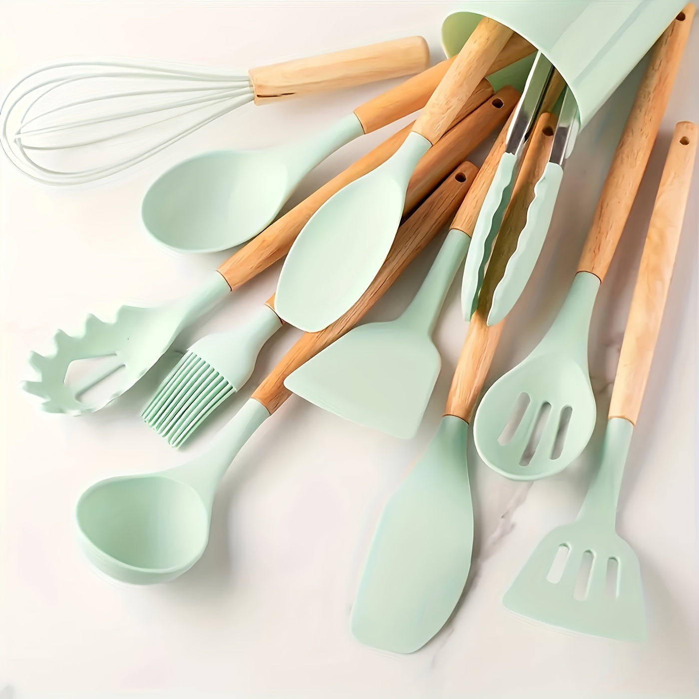 Kitchen Tools – oven-ready cooking and serving, 12pcs Silicone Kitchen Utensil Set with Wooden Han