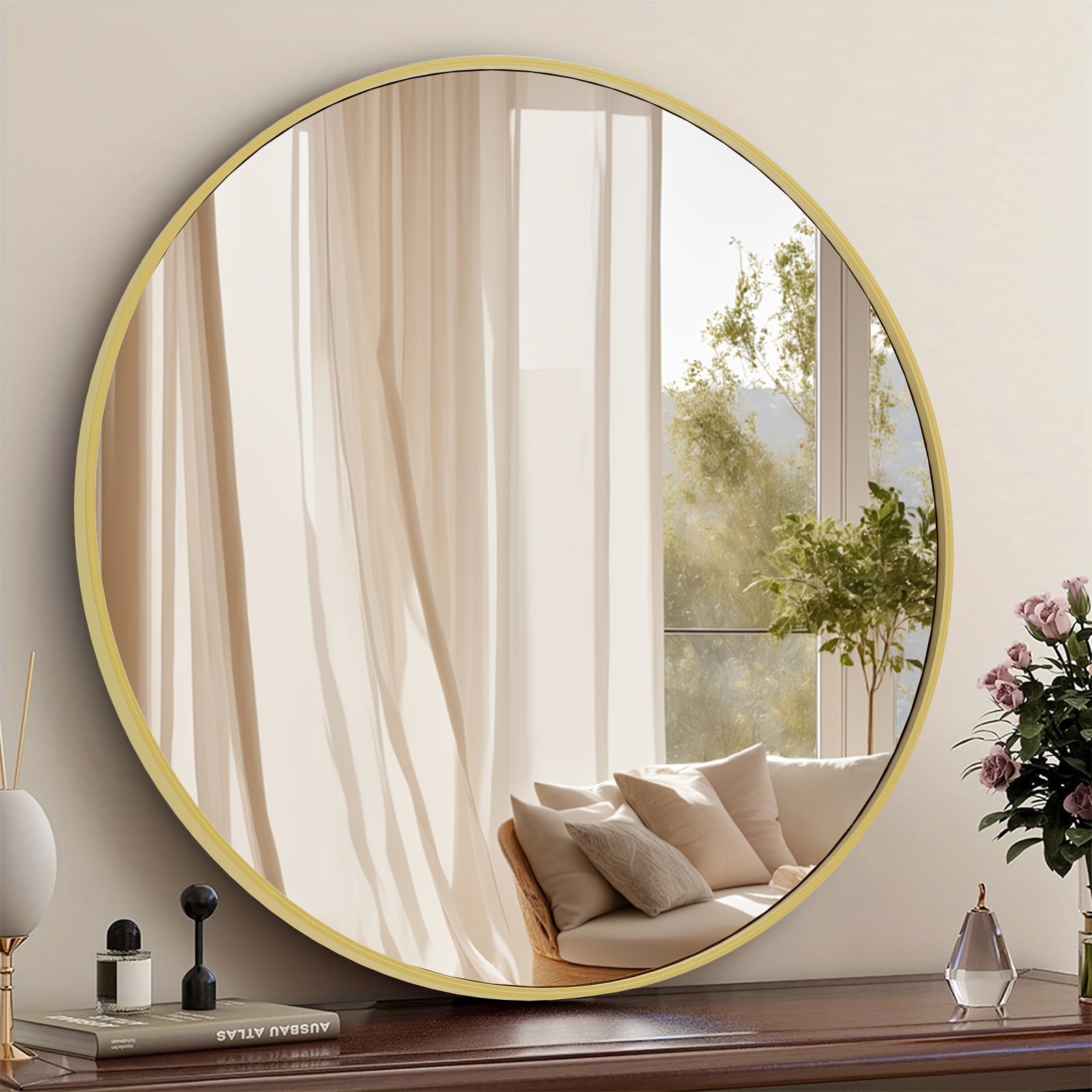 Area Rug – comfortable decorative floor coverage, Round Metal Wall Mirror with - Matte Frame