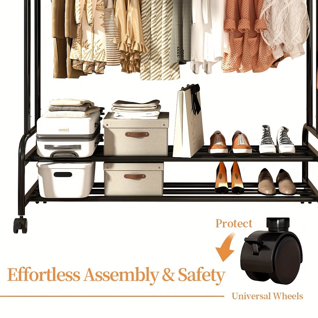 Heavy-Duty Adjustable Home Storage Rack – durable multi-purpose storage, Sturdy Metal Double Rodding Clothes Rack with Wheels Portable Clothing Rack with Shelves Hooks, designed for American homes, daily convenience and practical gifting