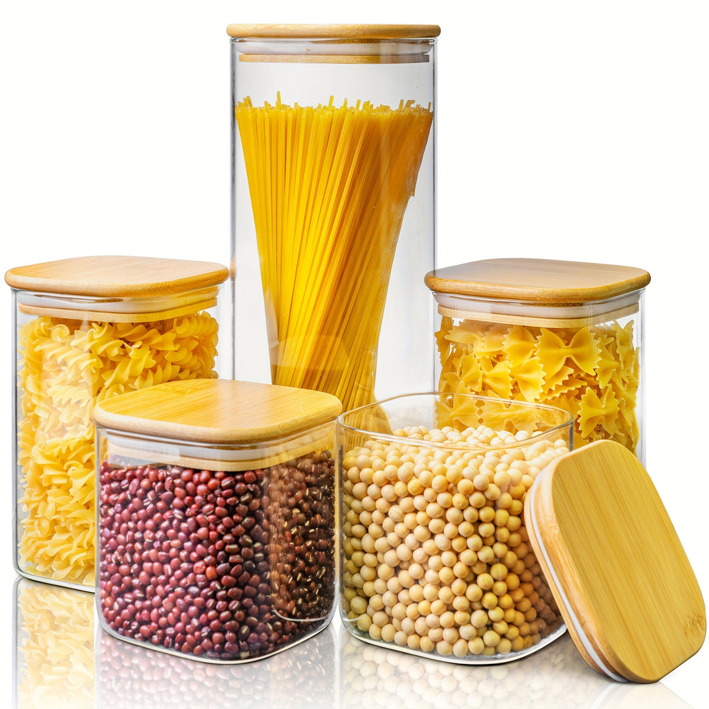 Modern 80oz Airtight Storage Jar Set – clear reusable pantry storage, Square Glass Jars With Bamboo Lids - 80oz X1 42oz X2 27oz X2 Airtight, designed for American homes, daily convenience and practical gifting