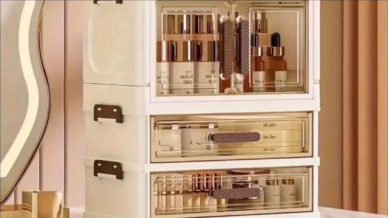Heavy-Duty Pull-Out Cabinet Organizer – smooth-access cabinet organization, Three Four Floors Foldable Large Capacity Cosmetic Storage Cabinet with Transparent Drawers Stackable Plastic, designed for American homes, daily convenience and practical gi