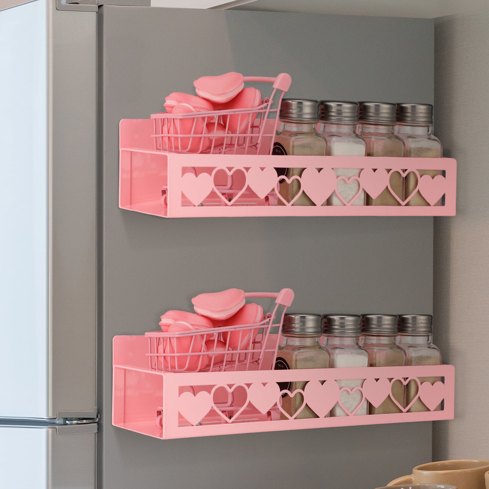 2 Pack Magnetic Spice Rack for Refrigerator - Heavy-Duty Metal Heart-Shaped Magnet Shelf with Magnetic Base Suitable for Fridge, Wall-Mountable Spice Storage, Space-Saving Basket Shelf for Spices, Condiments, Seasonings