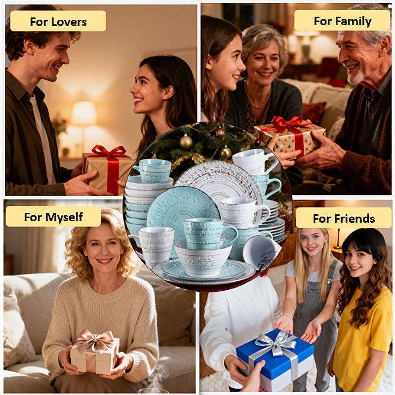 [Gifts Weddings Anniversaries] 16pcs Dinnerware Set Service for 4, Blue & Coffee Color Stoneware Set, Bowls Set, Dishes Set, Including Dinner Plates, Dessert Plates, Salad Bowls And Mugs. Chip & Scratch Resistant. Dishwasher & Microwave Safe. Gifts for We