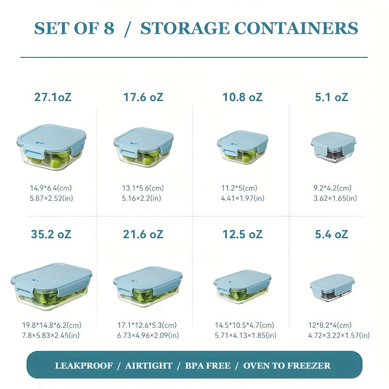 8pcs Borosilicate Glass Food Storage Containers with Lids, Light Blue/Green, with Stripes Meal Prep Containers, Airtight Bento Boxes, Leak Proof Locking, for Microwave, Oven, Freezer And Dishwasher, BPA Free, Organization Storage, Gifts
